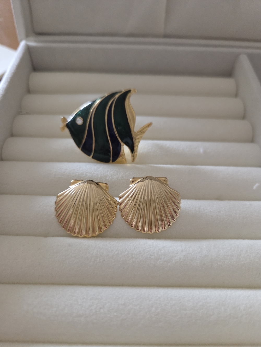 Vintage Blue/green Enamel Angelfish Pin & Gold Toned Scallop Earrings